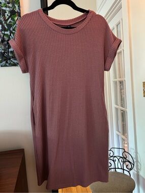Waffle Knit Short Sleeve T-Shirt Dress - Dusty Rose